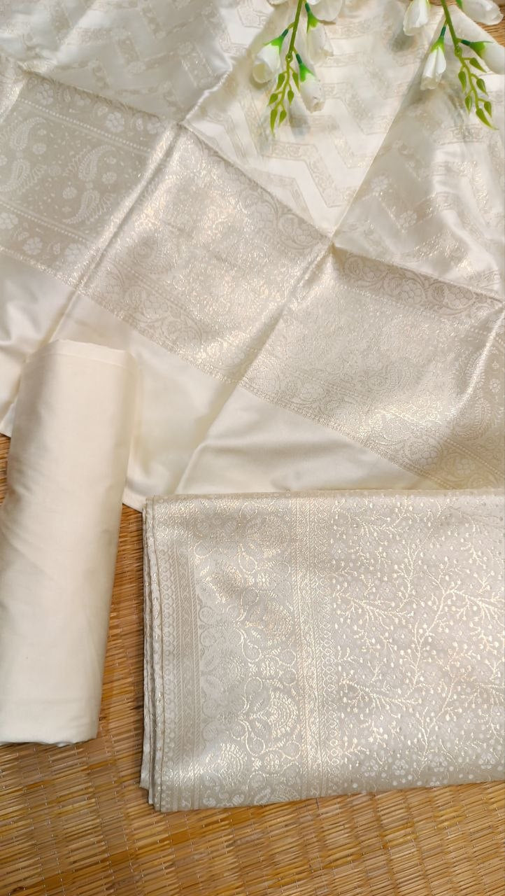 Cream Banarasi Silk Suit Fabric with All Over Zari Work | 3 Pcs Unstitched Set