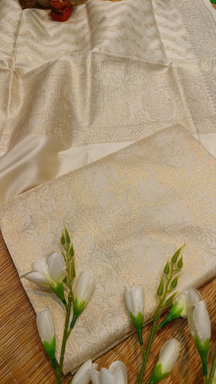 Ivory Banarasi Silk Suit Fabric with All Over Zari Work | 3 Pcs Unstitched Set