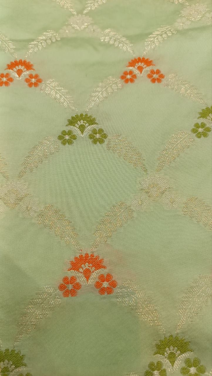 Mint Green Floral Booti Silk Saree | Manglam Banaras