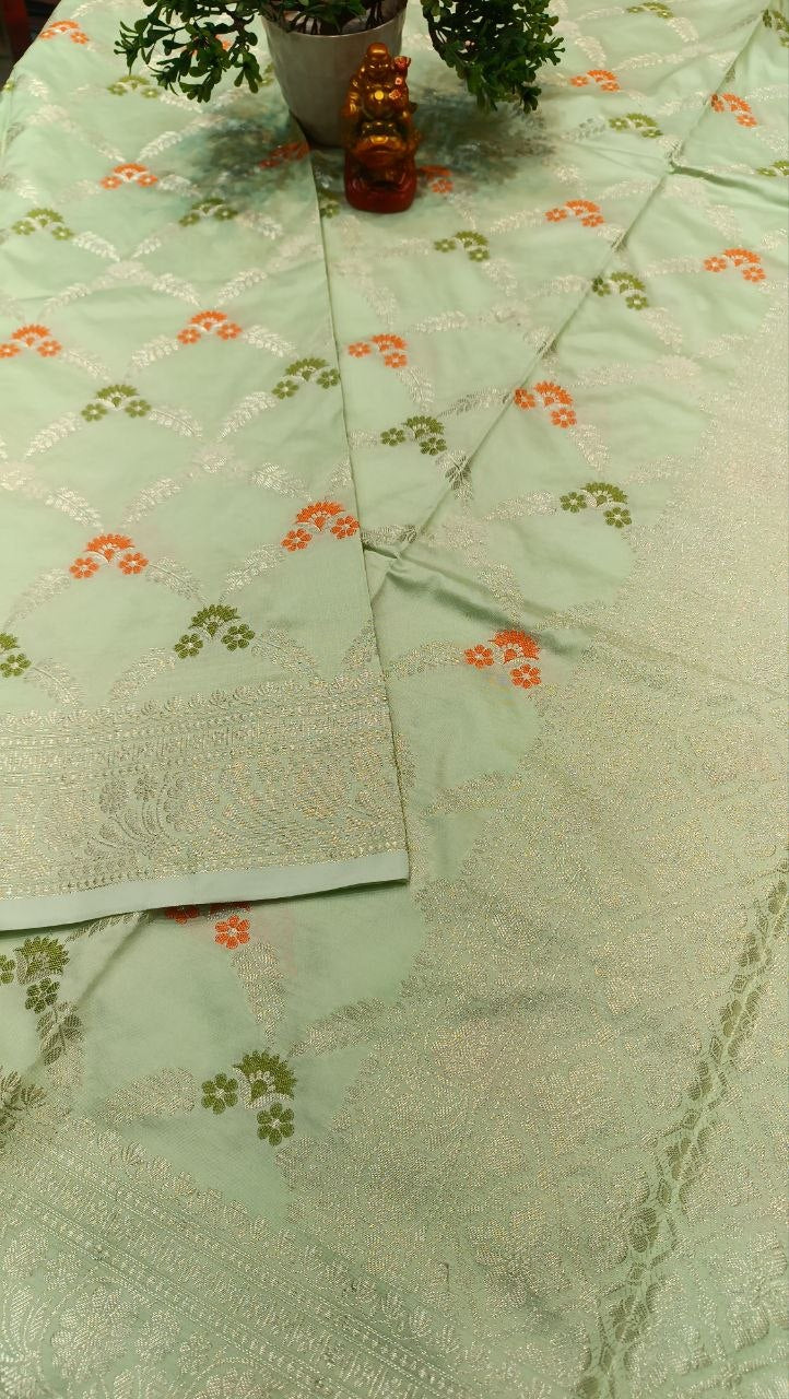 Mint Green Floral Booti Silk Saree with Silver Zari Border — Manglam Banaras Varanasi