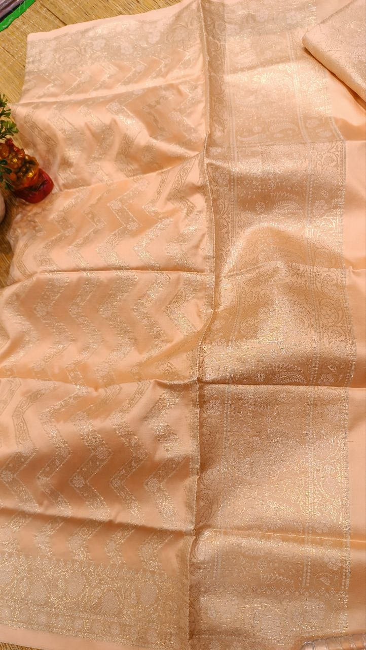 Golden Peach Banarasi Silk Suit Fabric with All Over Zari Work | 3 Pcs Unstitched Set