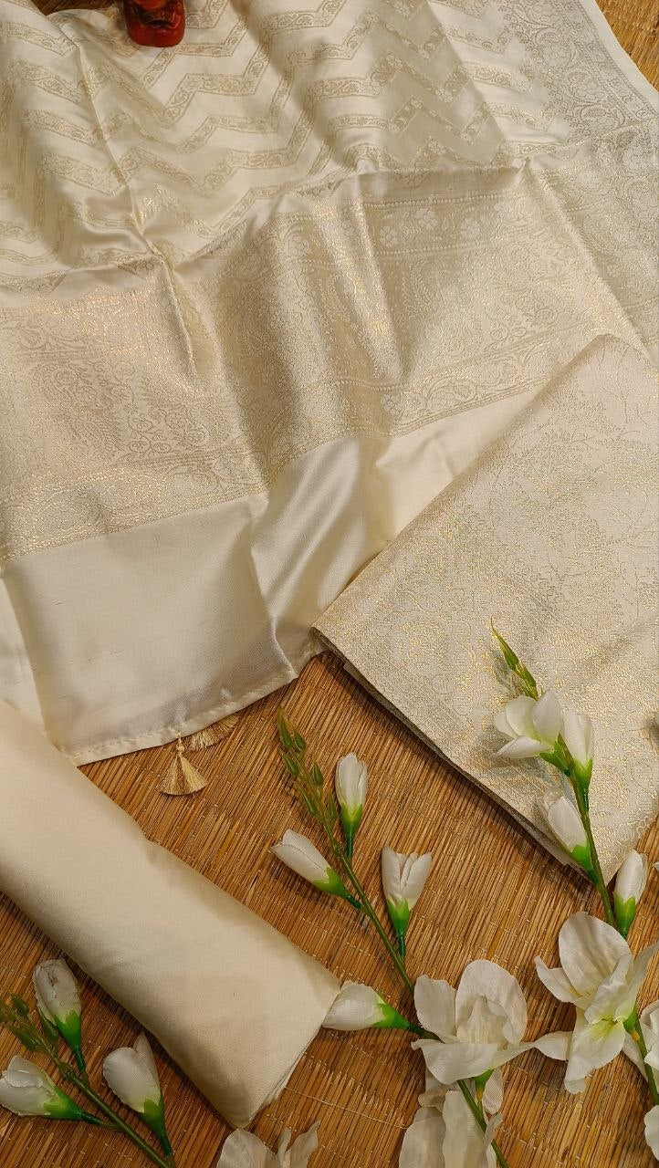 Ivory Banarasi Silk Suit Fabric with All Over Zari Work | 3 Pcs Unstitched Set