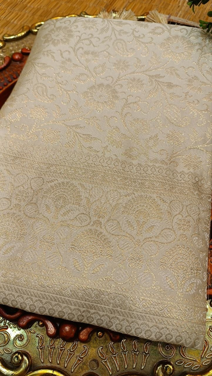 Cream Banarasi Silk Suit Fabric with All Over Zari Work | 3 Pcs Unstitched Set