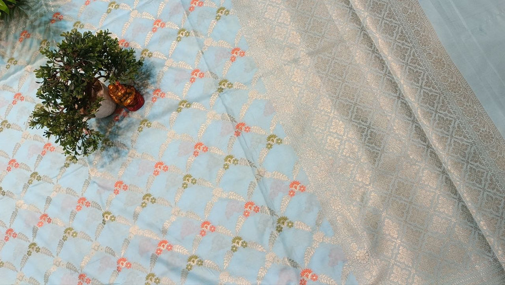 Sky Blue Floral Booti Silk Saree | Manglam Banaras