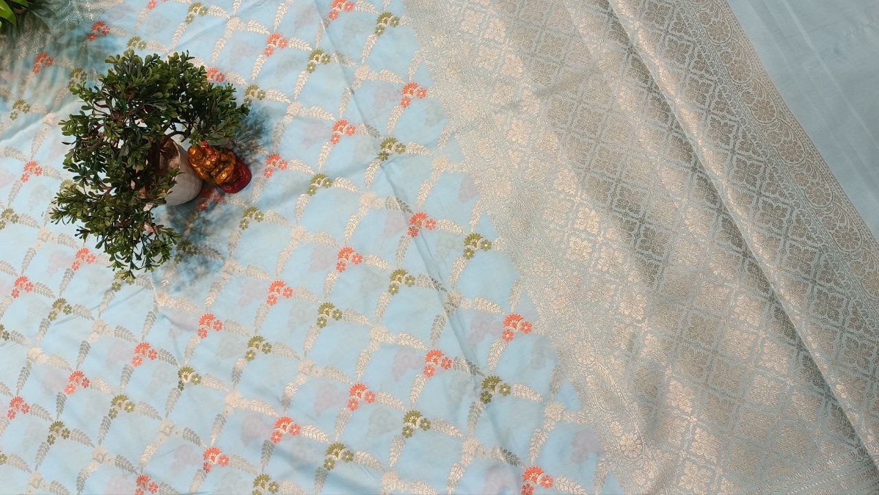Sky Blue Floral Booti Silk Saree | Manglam Banaras