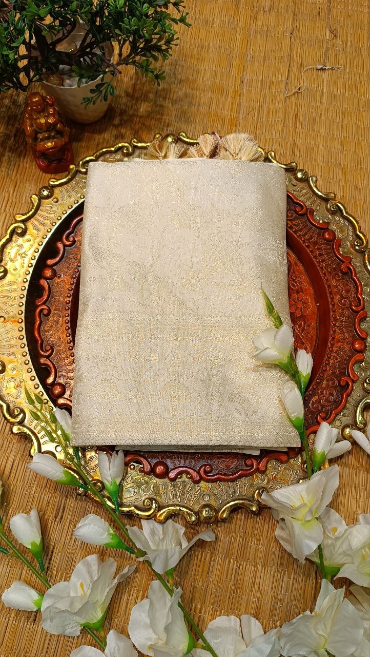 Ivory Banarasi Silk Suit Fabric with All Over Zari Work | 3 Pcs Unstitched Set