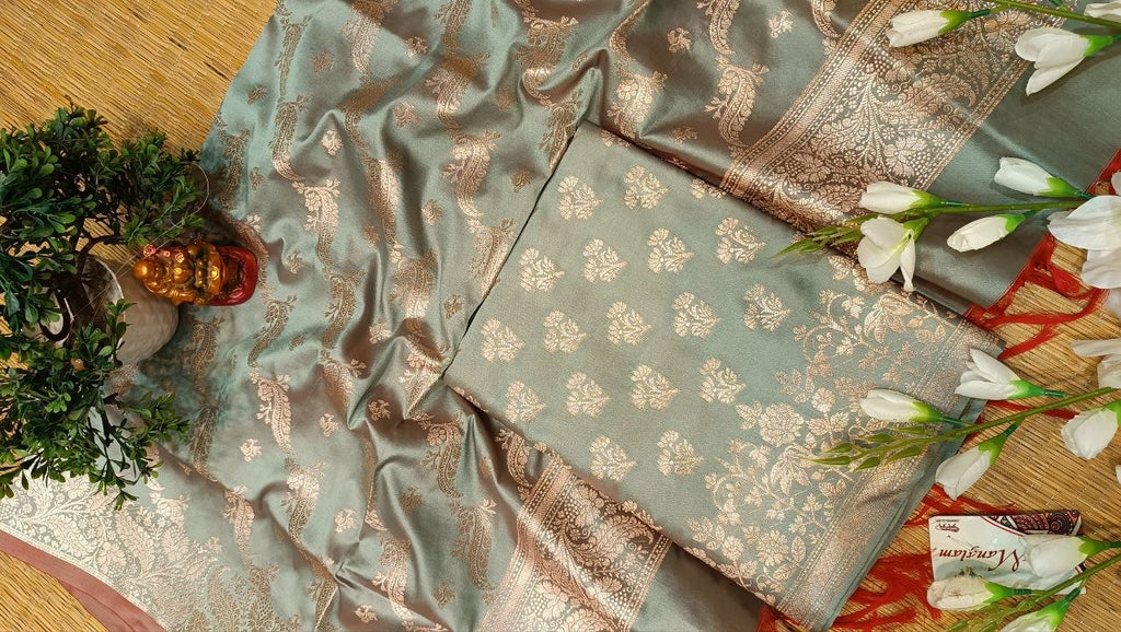 Sage Green Banarasi Silk Suit Fabric with All Over Zari Booti | 3 Pcs Unstitched Set