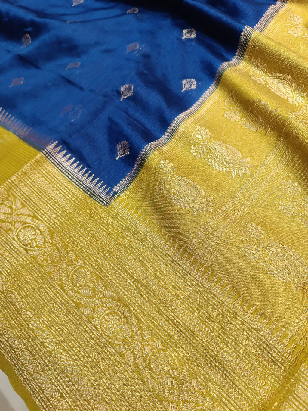 Blue & Yellow Semi Tussar Silk Saree | Banarasi Handwoven Saree from Varanasi