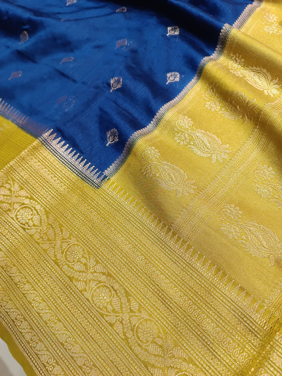 Blue & Yellow Semi Tussar Silk Saree | Banarasi Handwoven Saree from Varanasi