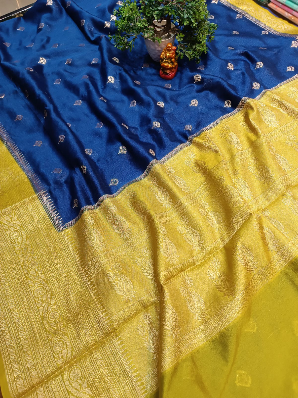 Blue & Yellow Semi Tussar Silk Saree | Banarasi Handwoven Saree from Varanasi