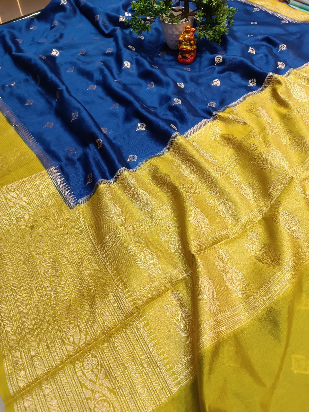 Blue & Yellow Semi Tussar Silk Saree | Banarasi Handwoven Saree from Varanasi