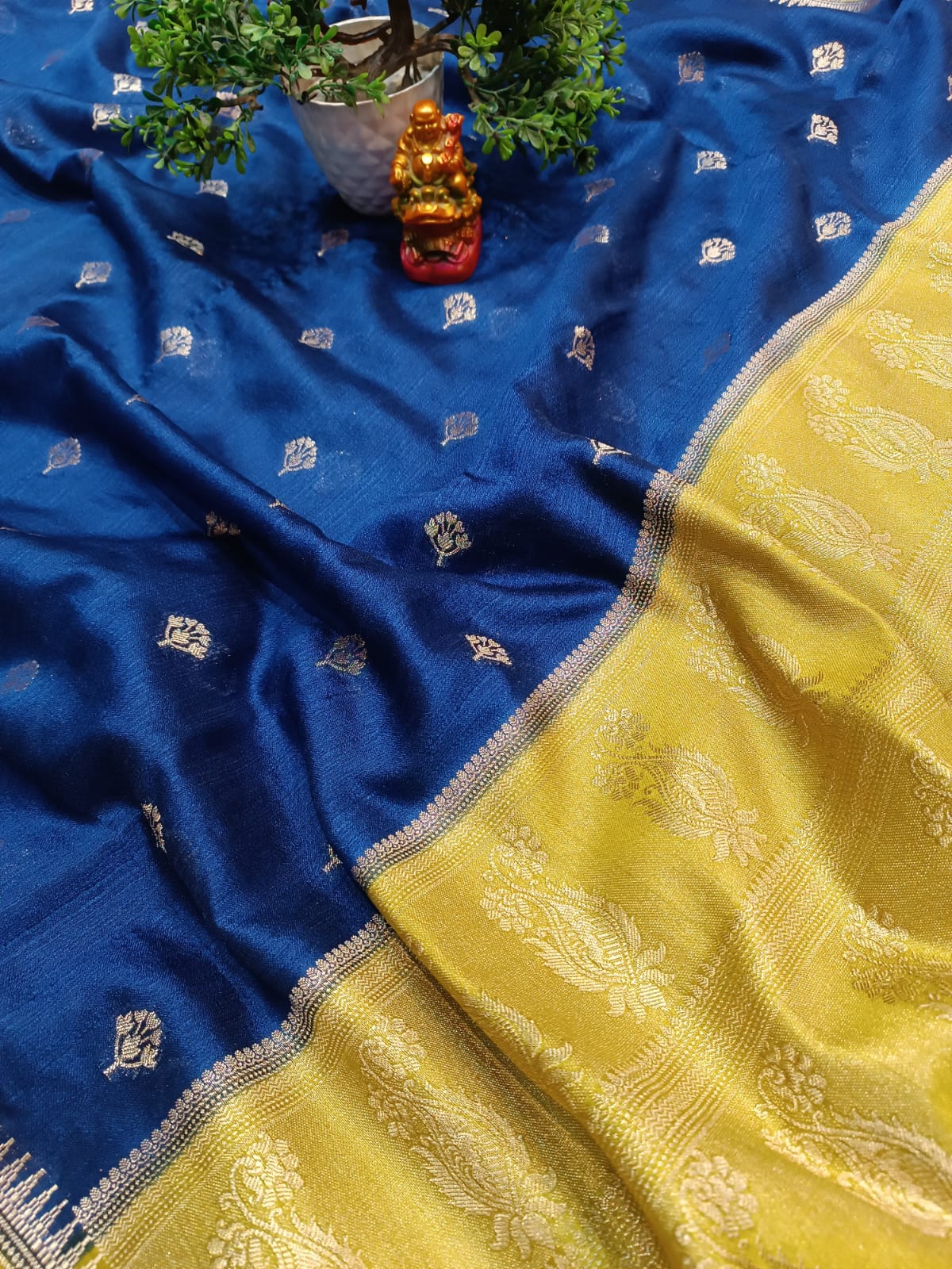 Blue & Yellow Semi Tussar Silk Saree | Banarasi Handwoven Saree from Varanasi