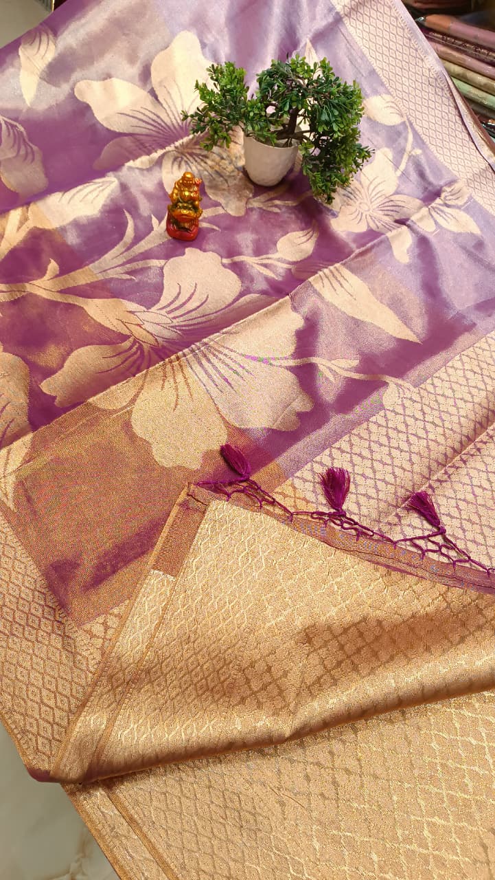 3 Shade Big Floral Tissue Silk Party Wear Saree | Manglam Banaras