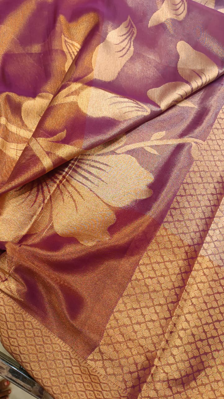 3 Shade Big Floral Tissue Silk Party Wear Saree | Manglam Banaras