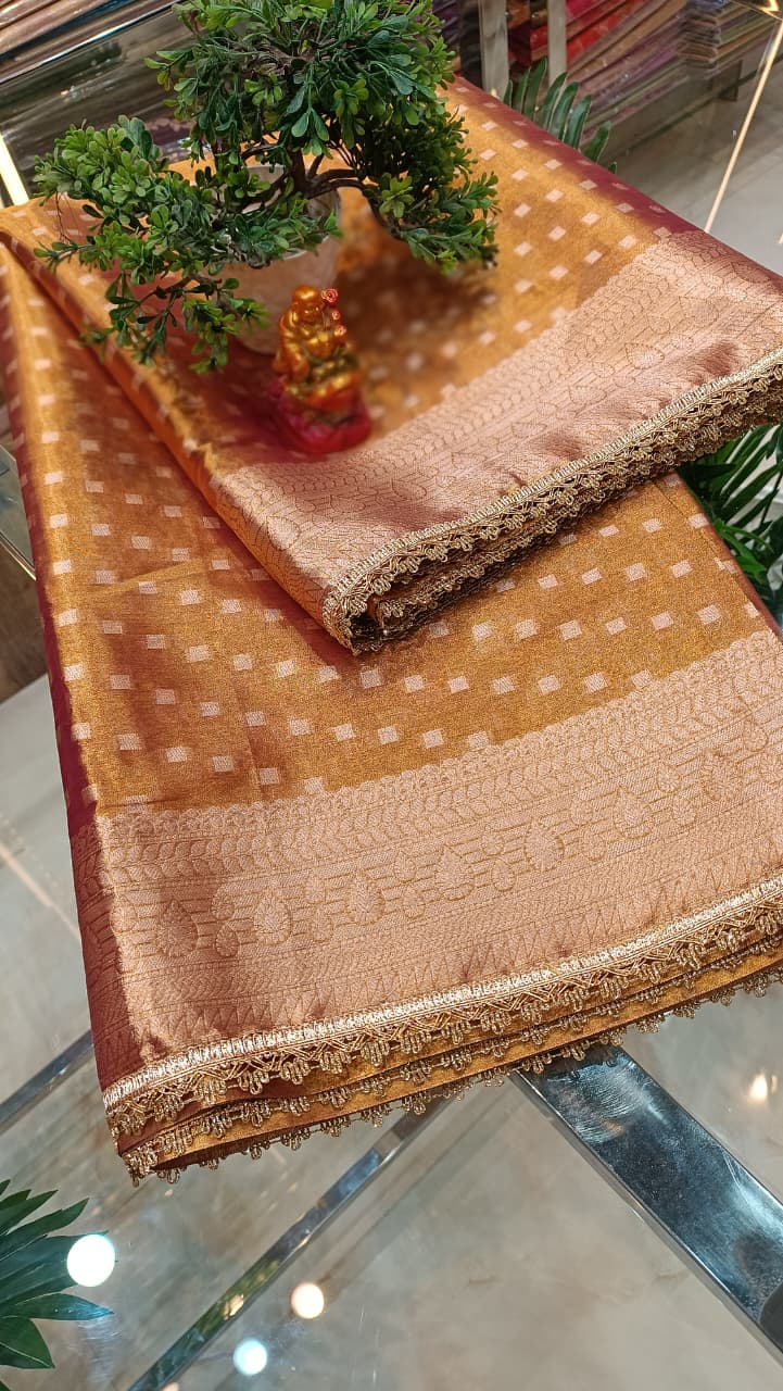 Bridal Tissue Silk Saree with Sunshade Pattern & Designer Border | Manglam Banaras