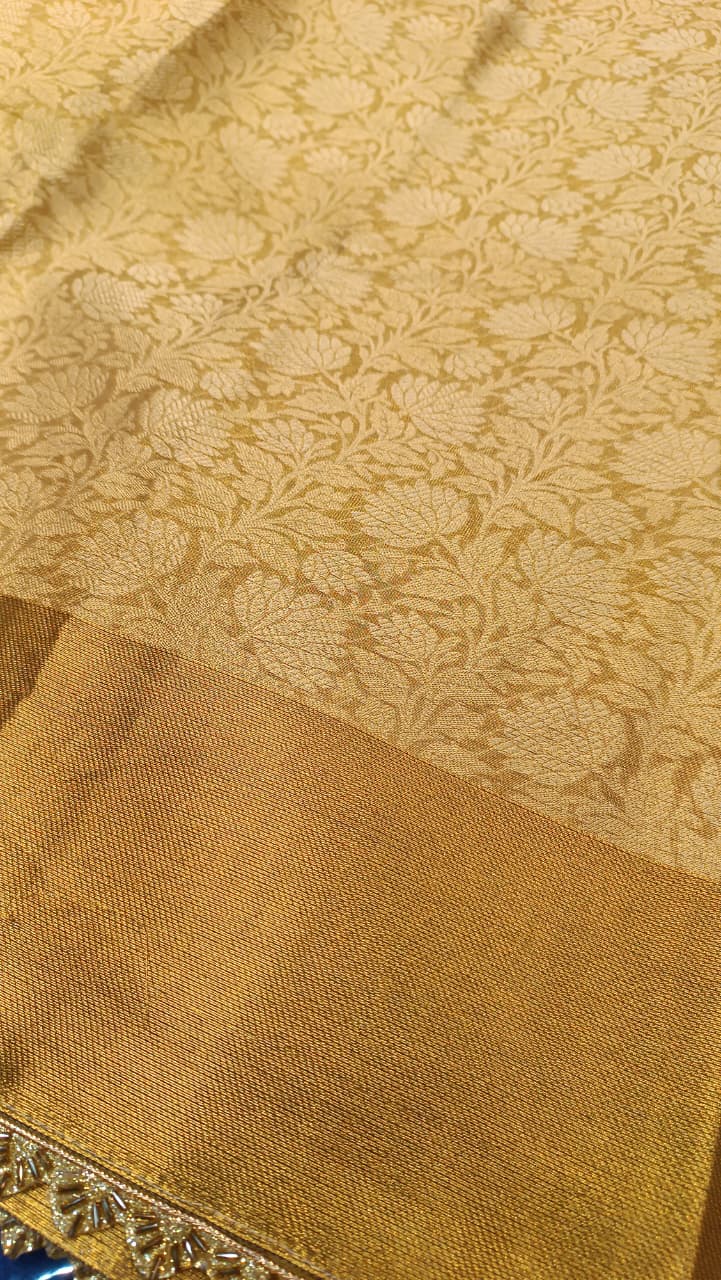 Golden Floral Tissue Silk Saree with Designer Border | Nita Ambani Inspired — Manglam Banaras