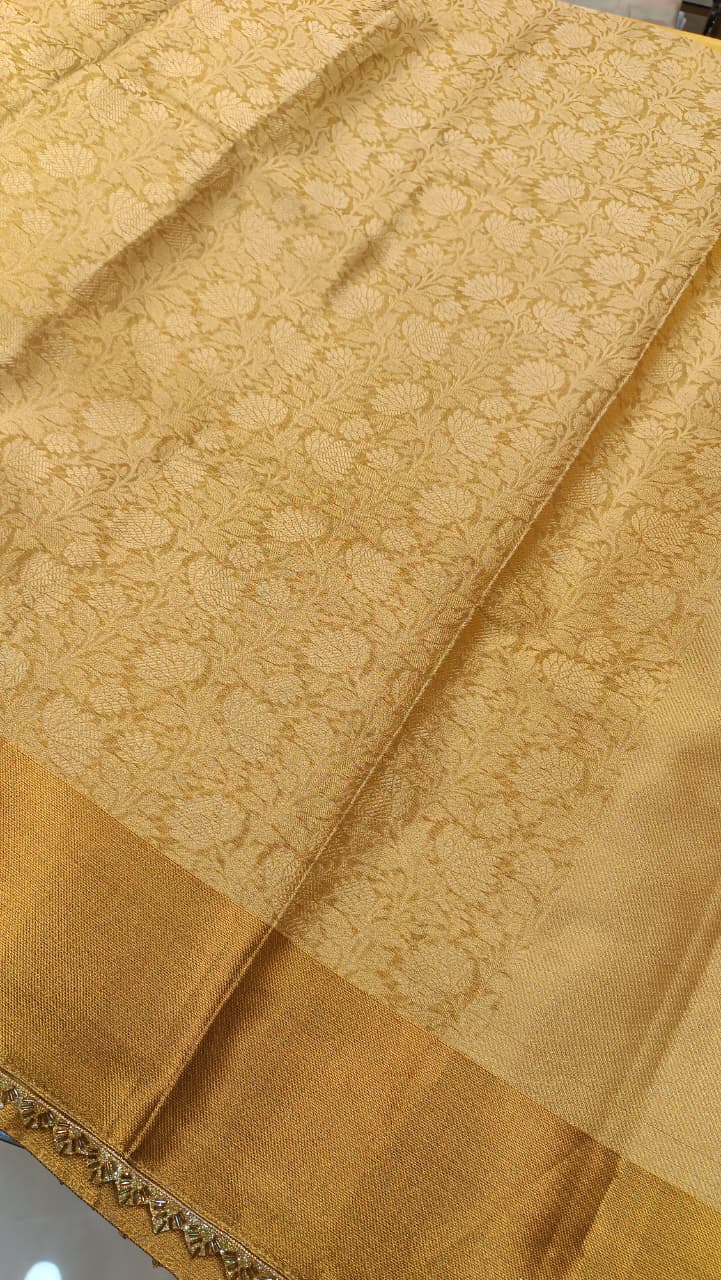 Golden Floral Tissue Silk Saree with Designer Border | Nita Ambani Inspired — Manglam Banaras