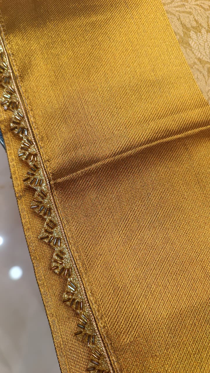 Golden Floral Tissue Silk Saree with Designer Border | Nita Ambani Inspired — Manglam Banaras
