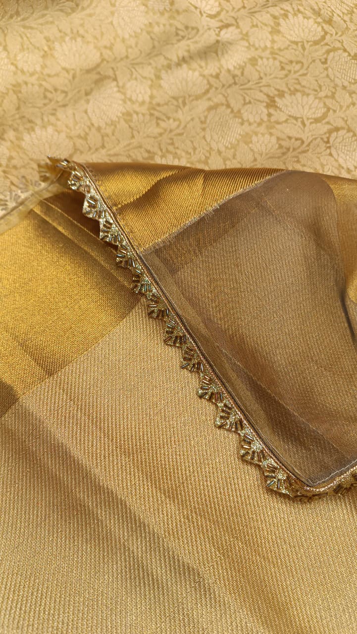 Golden Floral Tissue Silk Saree with Designer Border | Nita Ambani Inspired — Manglam Banaras