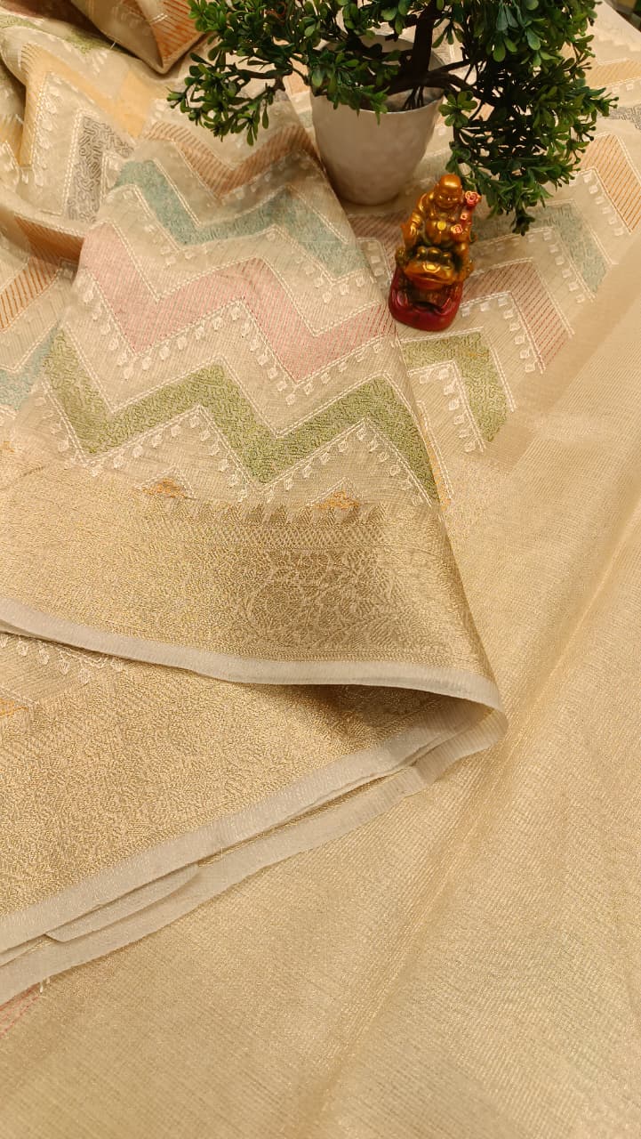 Indira Kota Tissue Saree | Criss Cross Embroidery with 1.5 Lakh Thread Work — Manglam Banaras