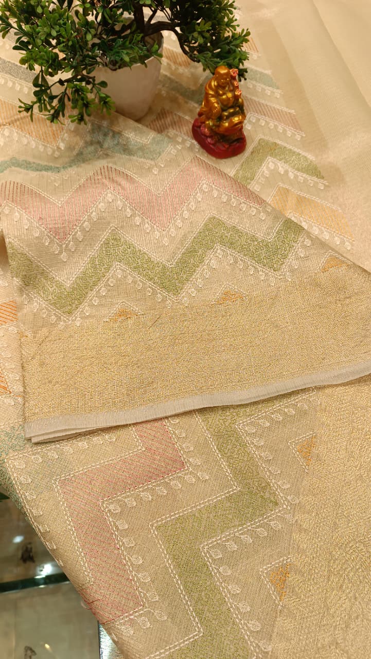 Indira Kota Tissue Saree | Criss Cross Embroidery with 1.5 Lakh Thread Work — Manglam Banaras