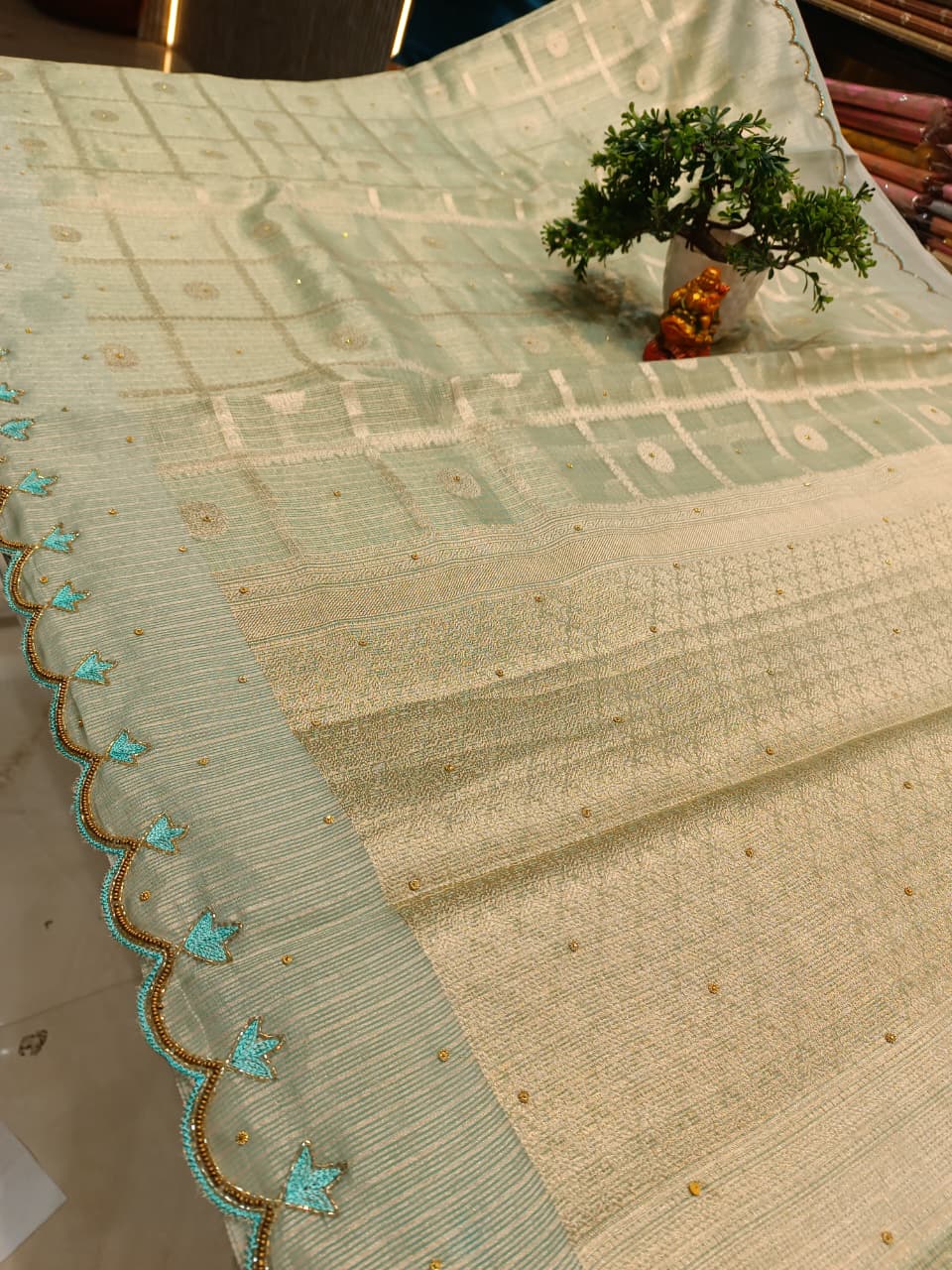 Sea Green Tissue Silk Saree | Checks Design with Booti — Manglam Banaras Varanasi