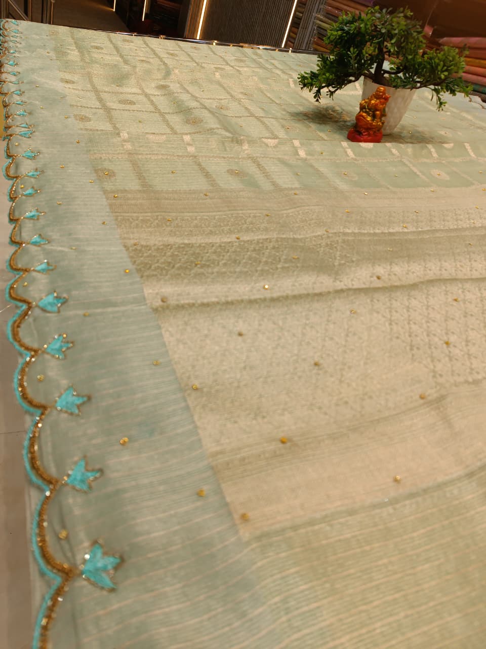 Sea Green Tissue Silk Saree | Checks Design with Booti — Manglam Banaras Varanasi