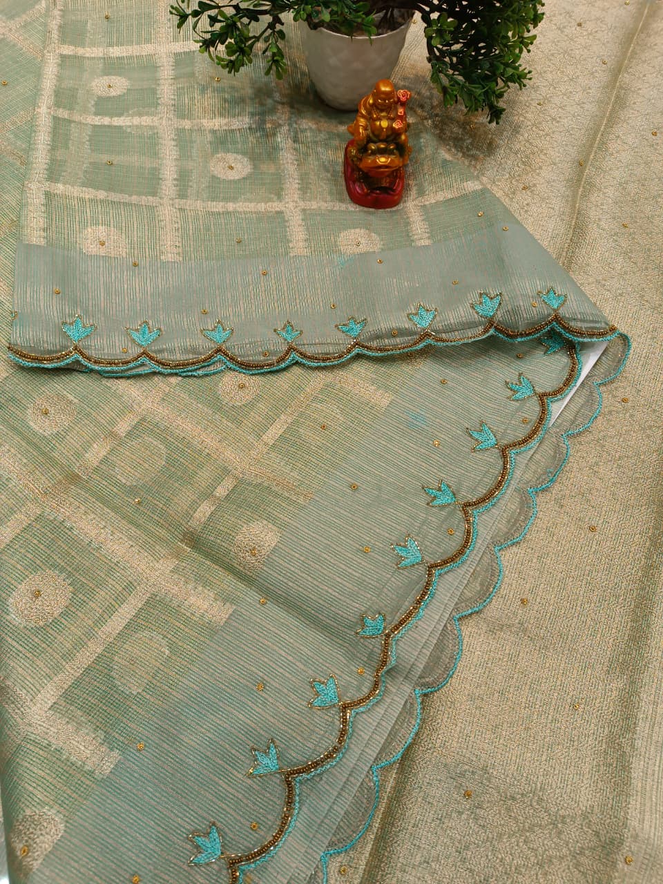 Sea Green Tissue Silk Saree | Checks Design with Booti — Manglam Banaras Varanasi