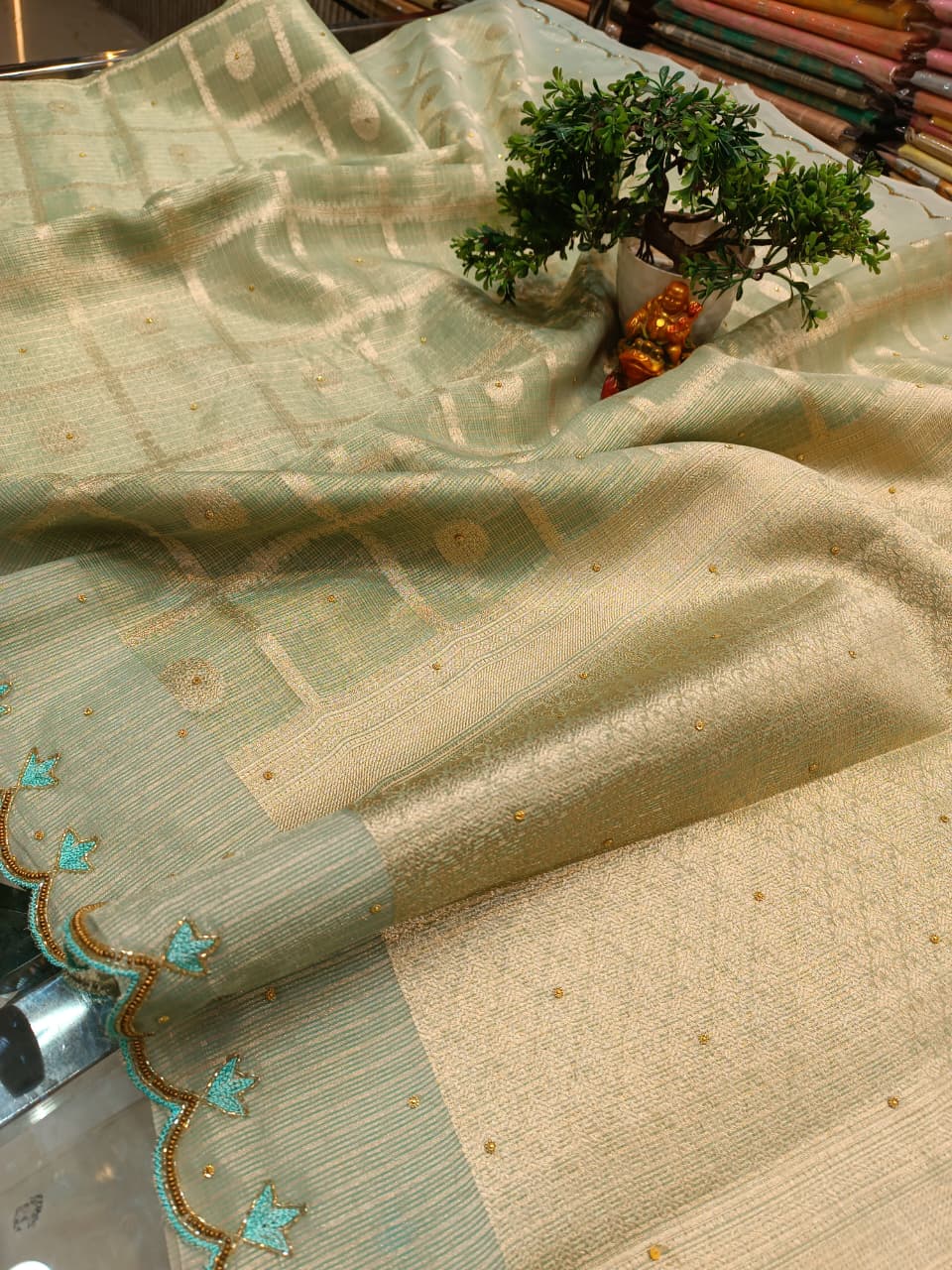 Sea Green Tissue Silk Saree | Checks Design with Booti — Manglam Banaras Varanasi