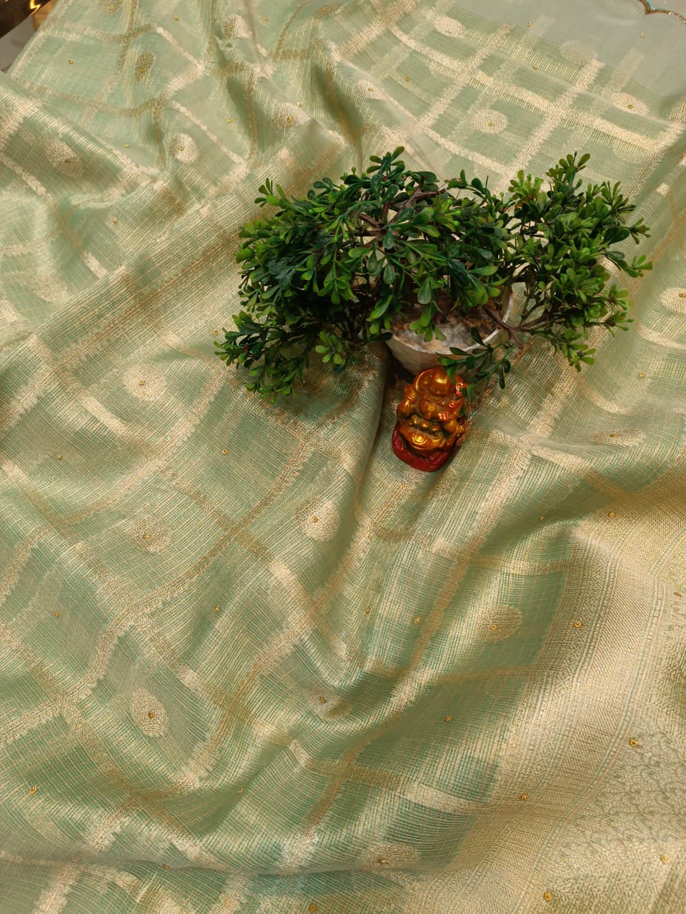 Sea Green Tissue Silk Saree | Checks Design with Booti — Manglam Banaras Varanasi