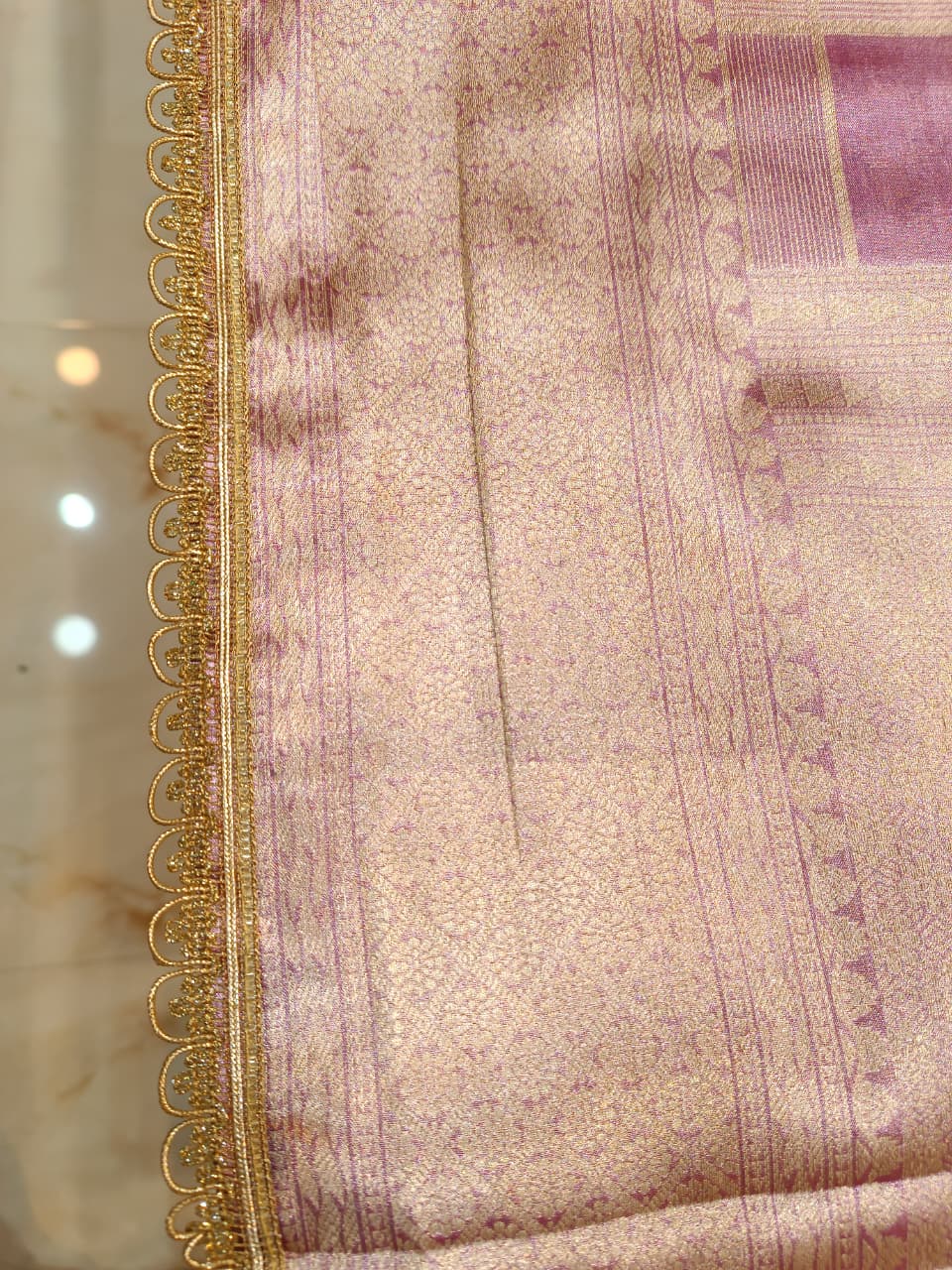 Pink & Purple Tissue Silk Saree | Box Pattern with Heavy Border — Manglam Banaras