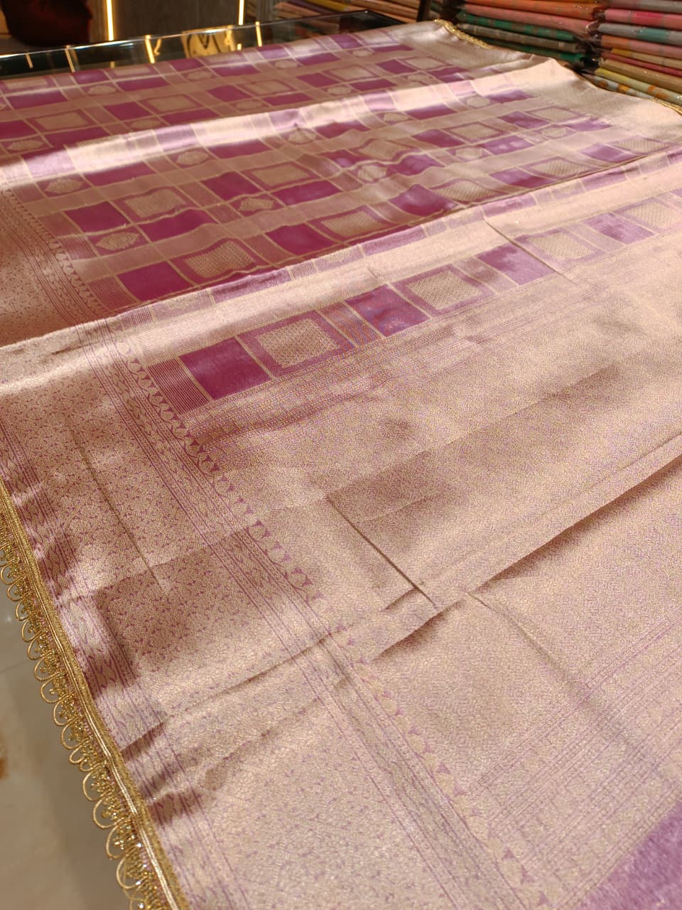 Pink & Purple Tissue Silk Saree | Box Pattern with Heavy Border — Manglam Banaras