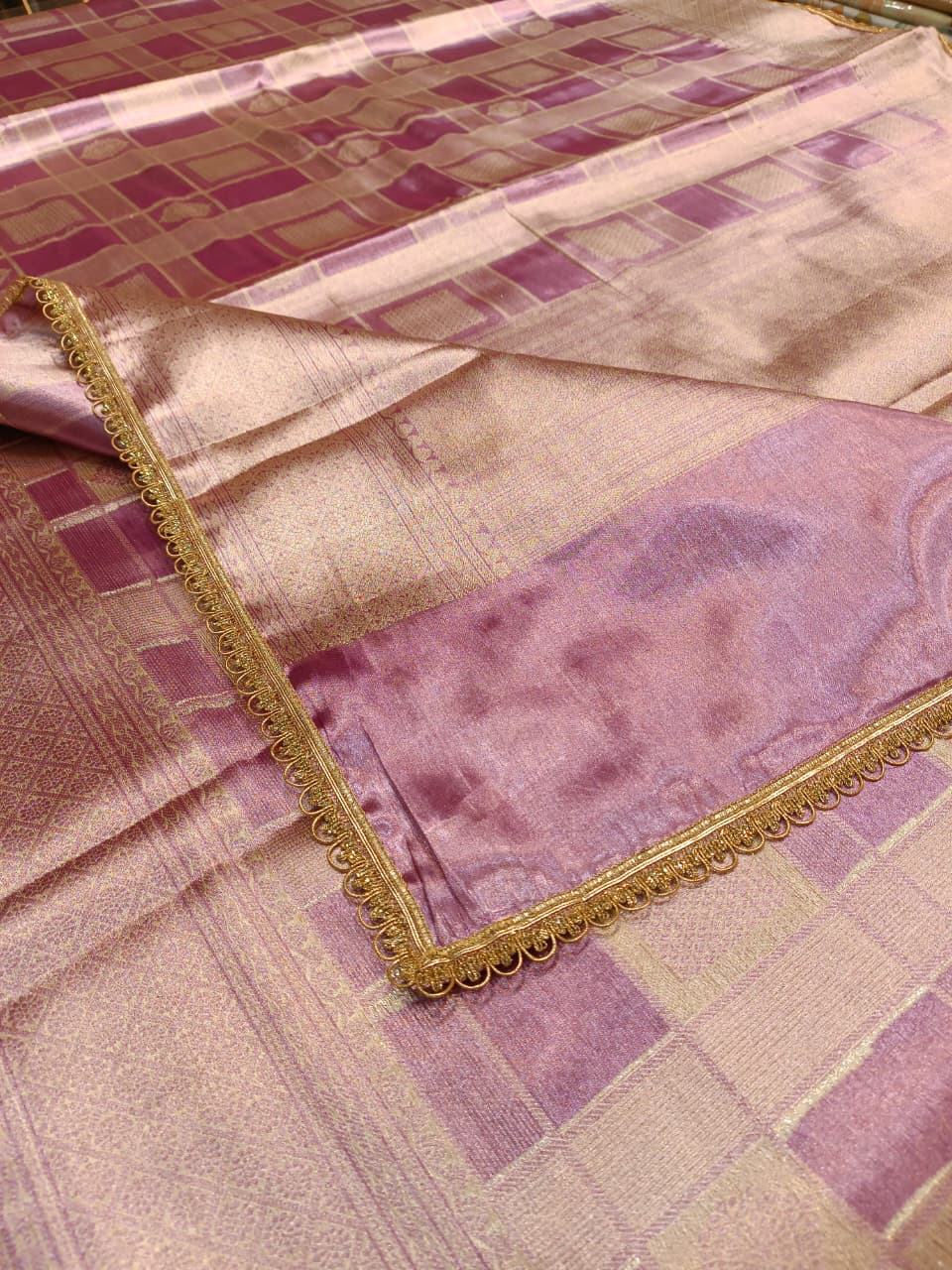 Pink & Purple Tissue Silk Saree | Box Pattern with Heavy Border — Manglam Banaras