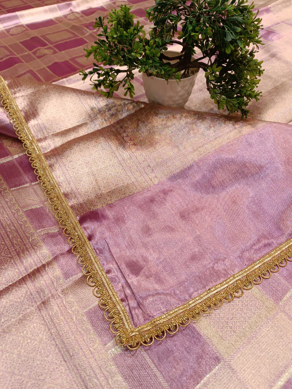 Pink & Purple Tissue Silk Saree | Box Pattern with Heavy Border — Manglam Banaras