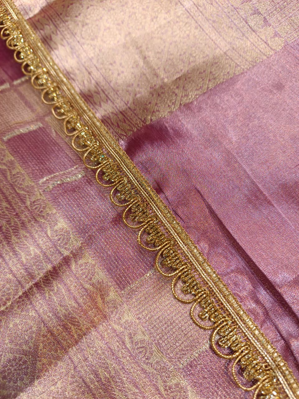 Pink & Purple Tissue Silk Saree | Box Pattern with Heavy Border — Manglam Banaras