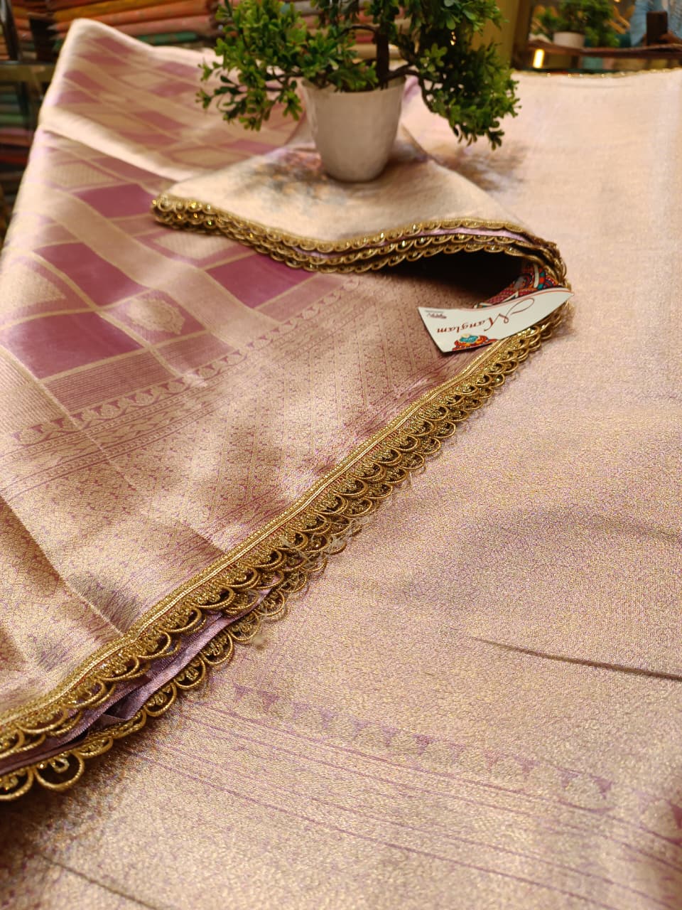 Pink & Purple Tissue Silk Saree | Box Pattern with Heavy Border — Manglam Banaras