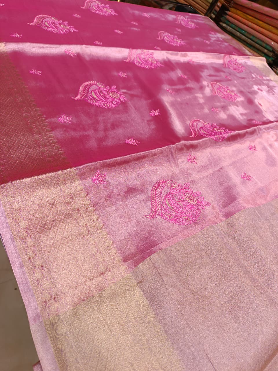 Pink Tissue Silk Saree | All Over Shankh Embroidery Sunshade Pattern — Manglam Banaras