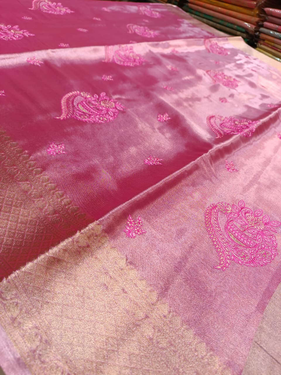 Pink Tissue Silk Saree | All Over Shankh Embroidery Sunshade Pattern — Manglam Banaras