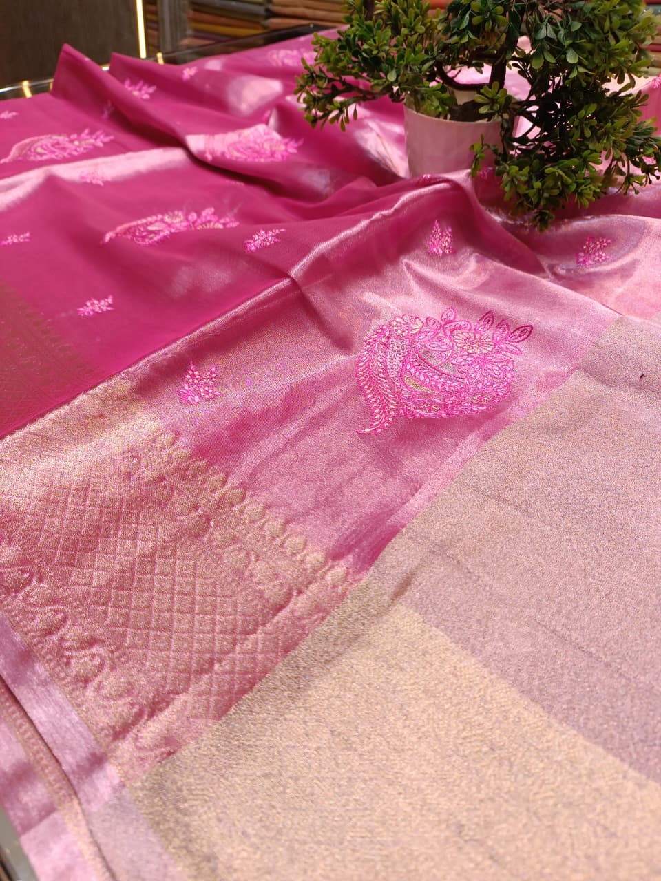 Pink Tissue Silk Saree | All Over Shankh Embroidery Sunshade Pattern — Manglam Banaras
