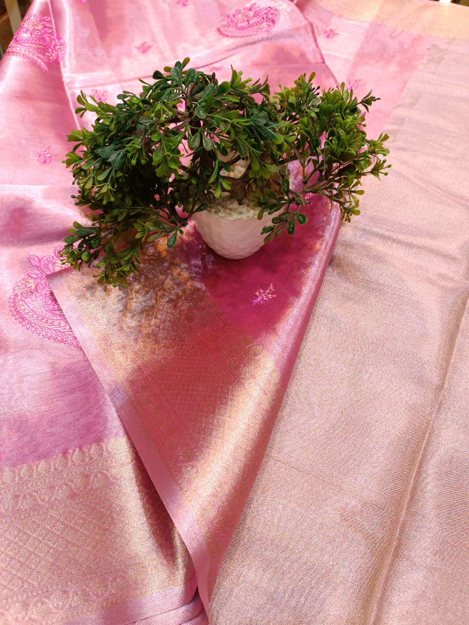 Pink Tissue Silk Saree | All Over Shankh Embroidery Sunshade Pattern — Manglam Banaras