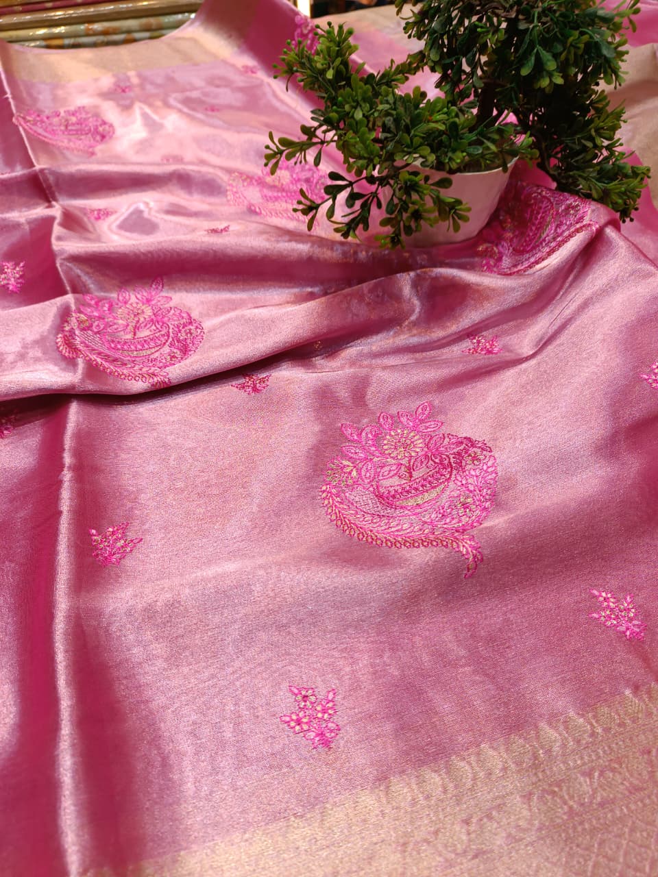Pink Tissue Silk Saree | All Over Shankh Embroidery Sunshade Pattern — Manglam Banaras