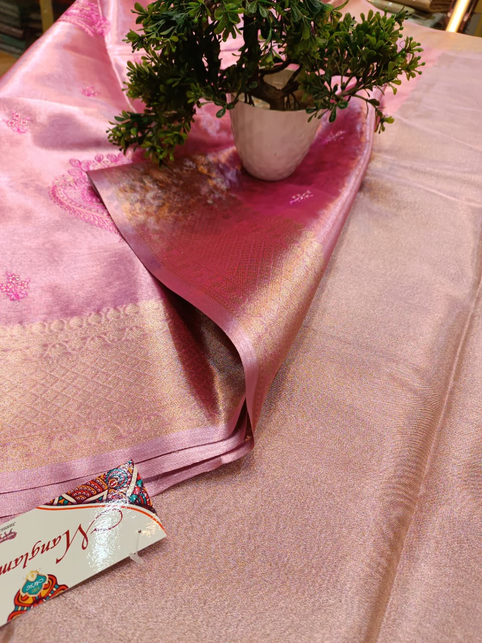 Pink Tissue Silk Saree | All Over Shankh Embroidery Sunshade Pattern — Manglam Banaras