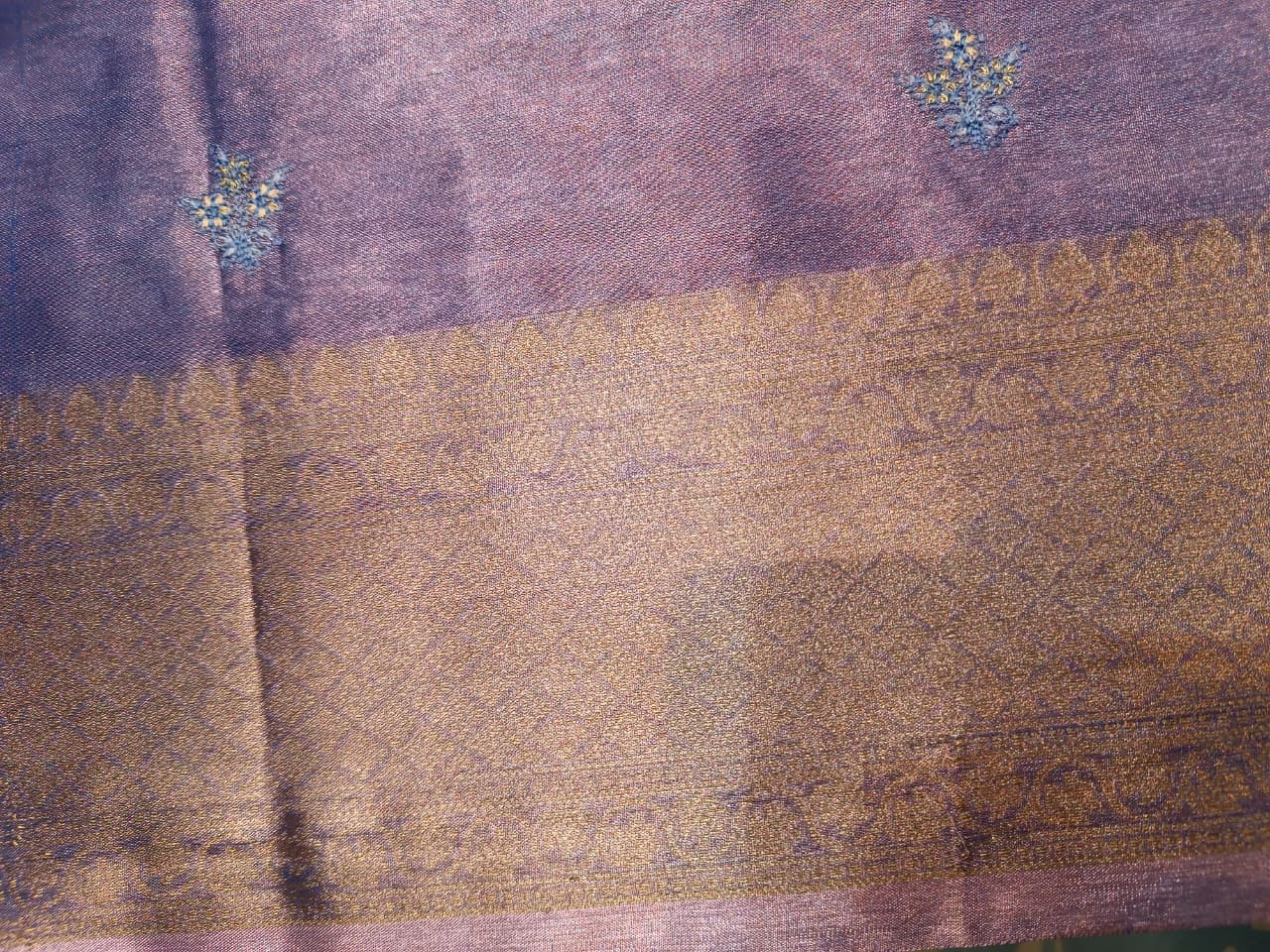 Blue Tissue Silk Saree | All Over Shankh Embroidery Sunshade Pattern — Manglam Banaras
