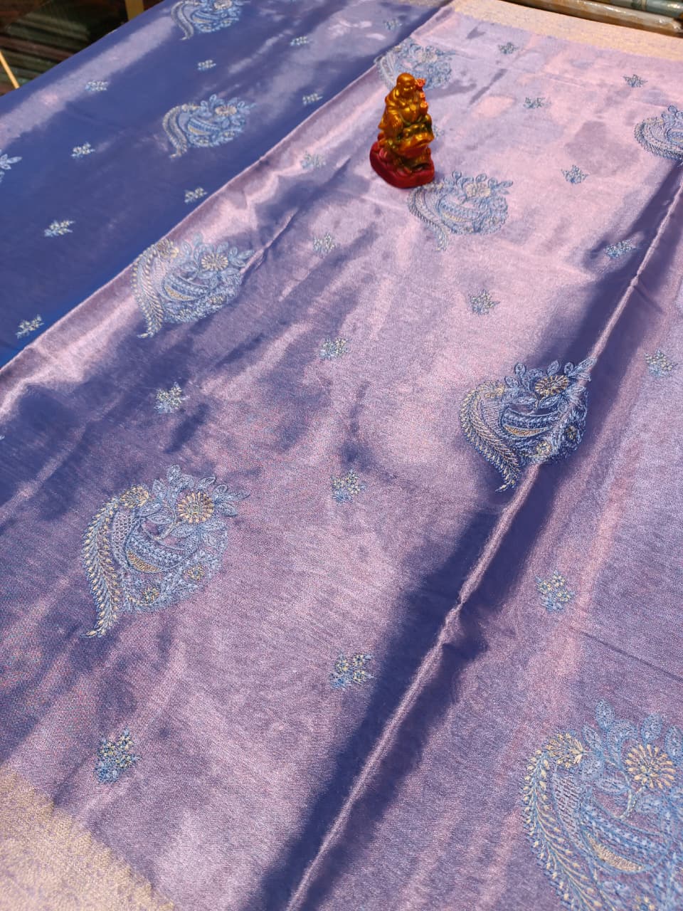Blue Tissue Silk Saree | All Over Shankh Embroidery Sunshade Pattern — Manglam Banaras