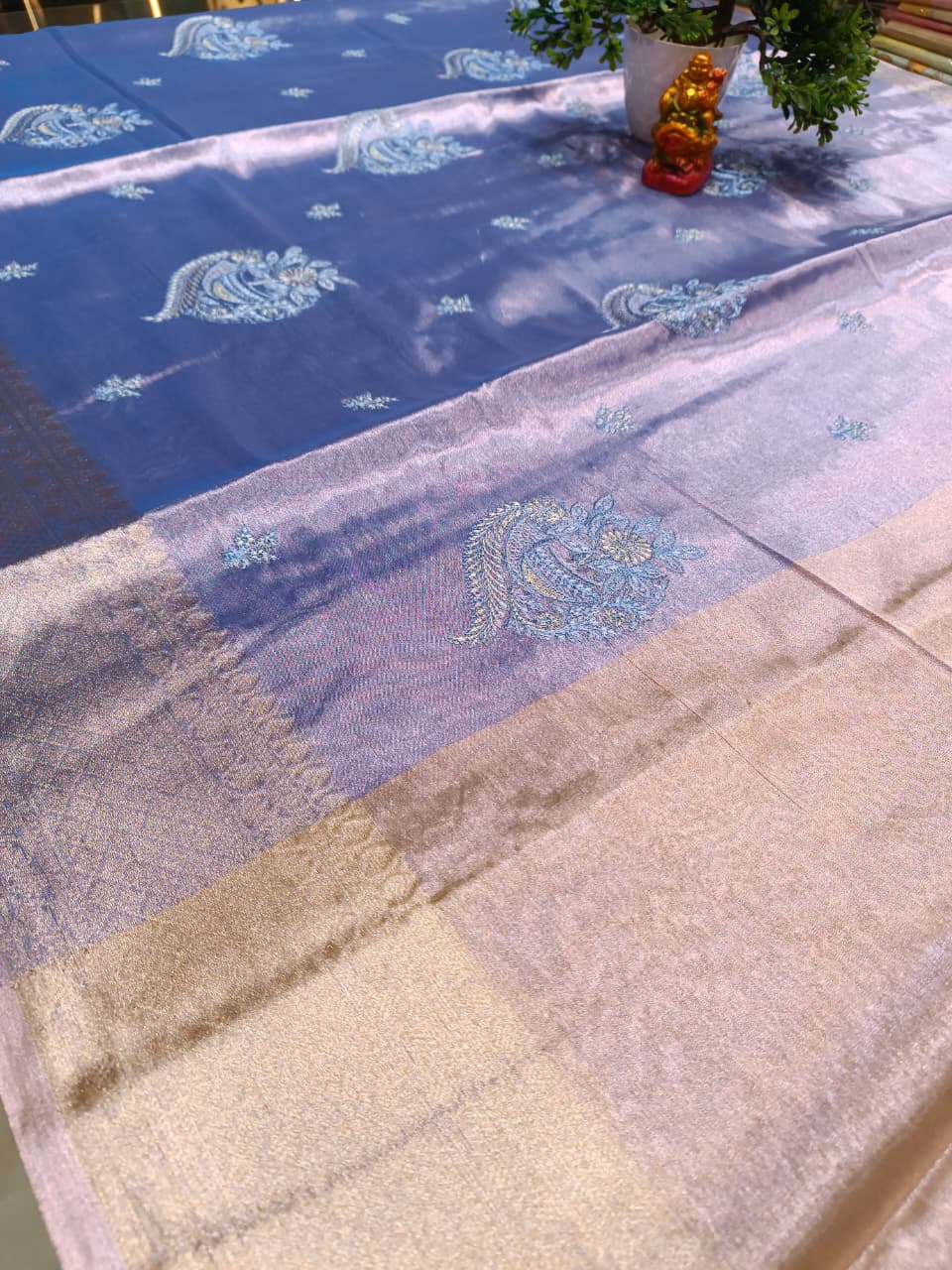 Blue Tissue Silk Saree | All Over Shankh Embroidery Sunshade Pattern — Manglam Banaras