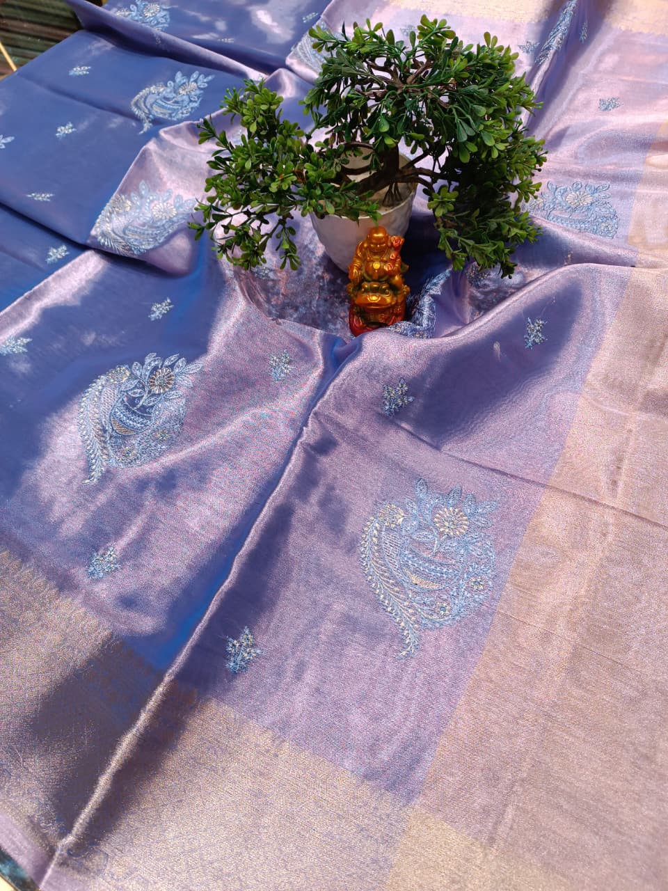 Blue Tissue Silk Saree | All Over Shankh Embroidery Sunshade Pattern — Manglam Banaras