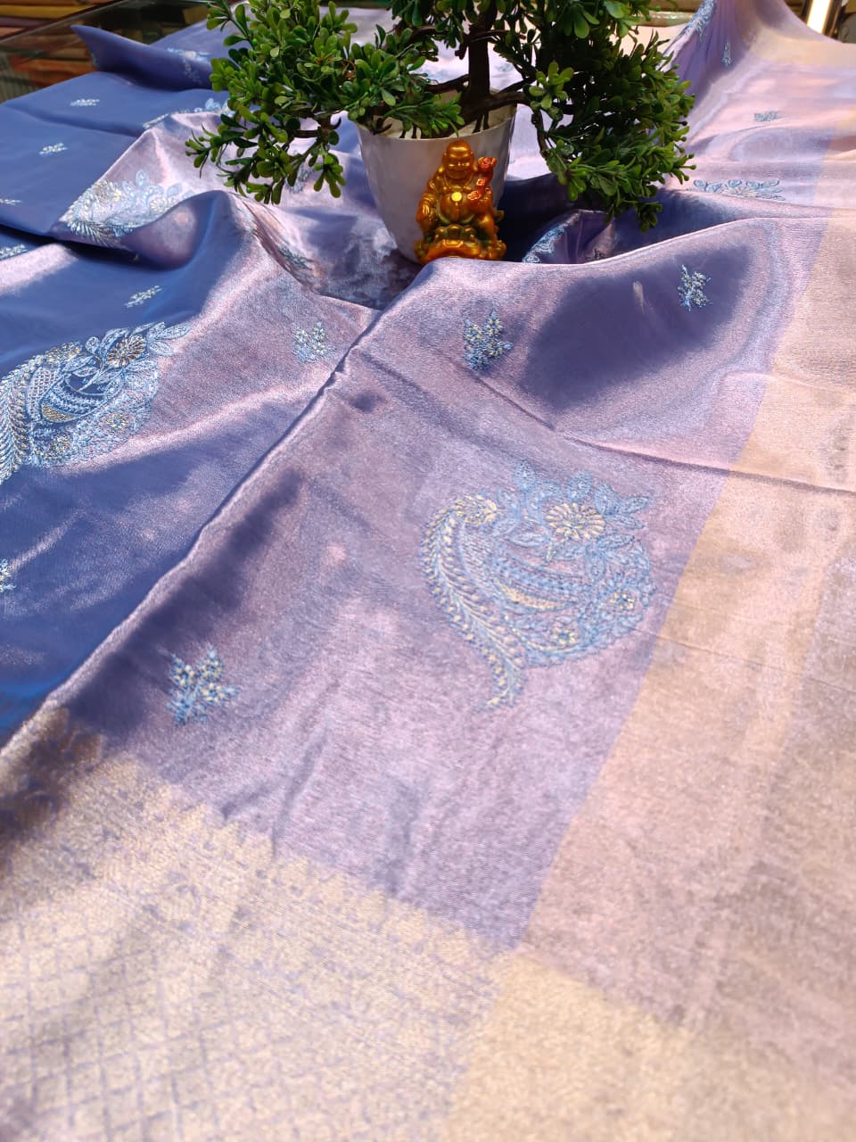 Blue Tissue Silk Saree | All Over Shankh Embroidery Sunshade Pattern — Manglam Banaras