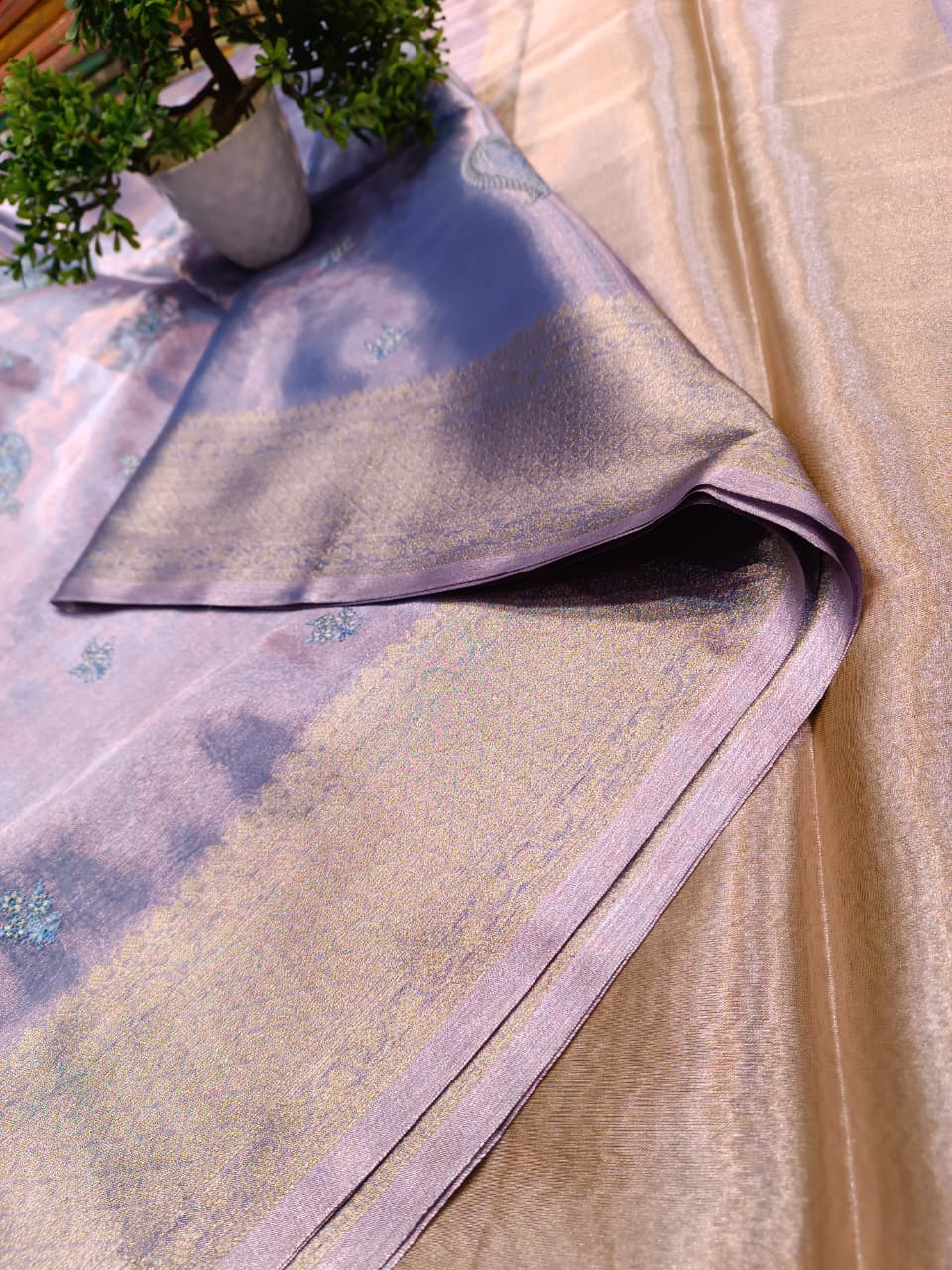 Blue Tissue Silk Saree | All Over Shankh Embroidery Sunshade Pattern — Manglam Banaras