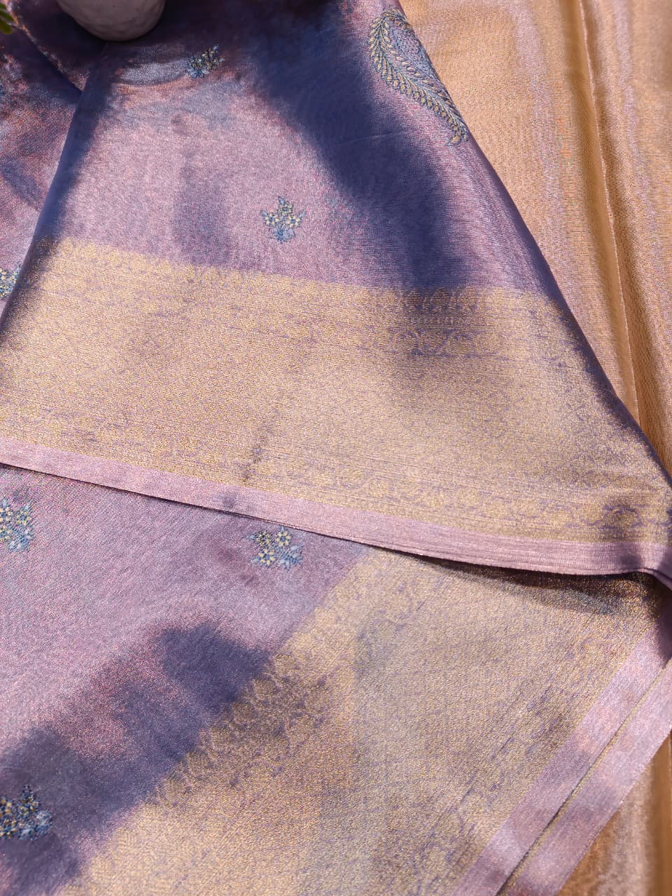 Blue Tissue Silk Saree | All Over Shankh Embroidery Sunshade Pattern — Manglam Banaras