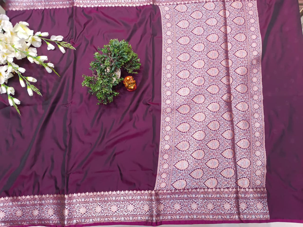Purple Banarasi Silk Saree | Golden Silver Zari with Heavy Blouse Work — Manglam Banaras